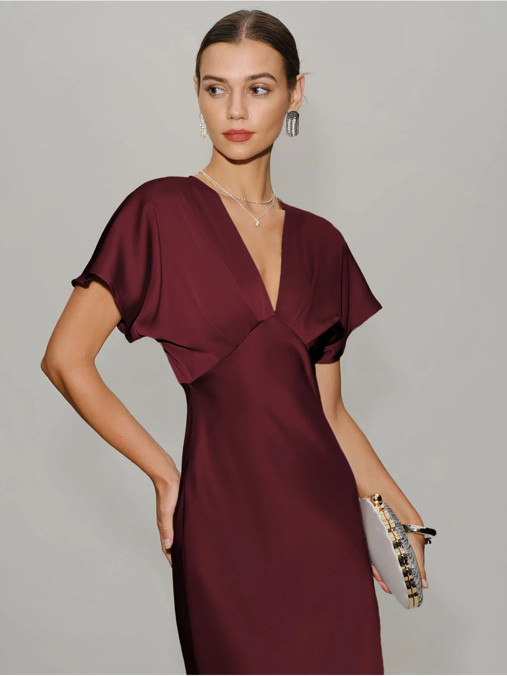 Wine Red Satin Cowl Sleeve Midi Dress - Picture 4 of 5